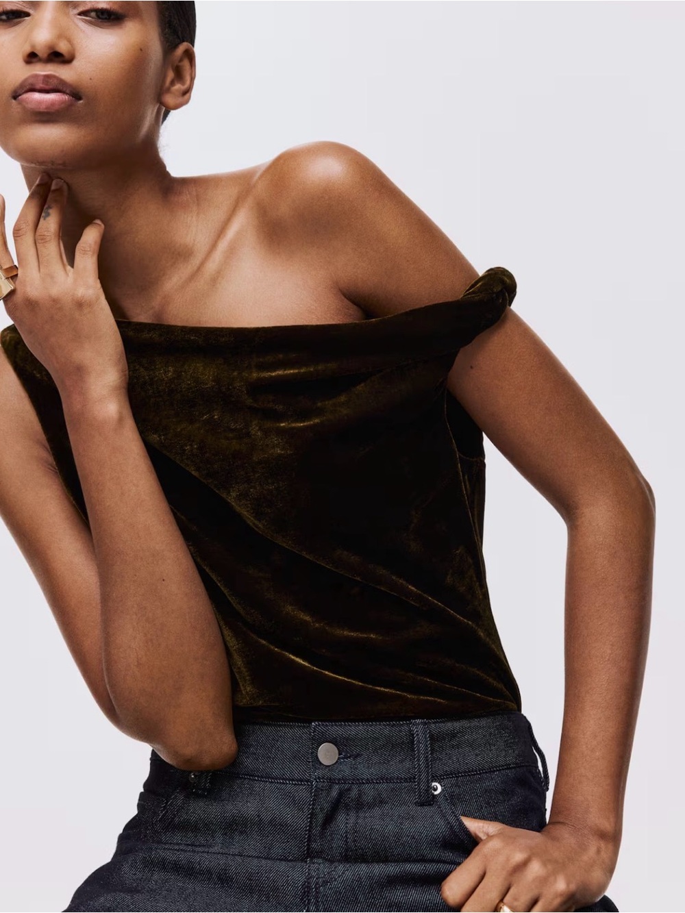 H&M Olive Green Velvet One-Shoulder Tank Top